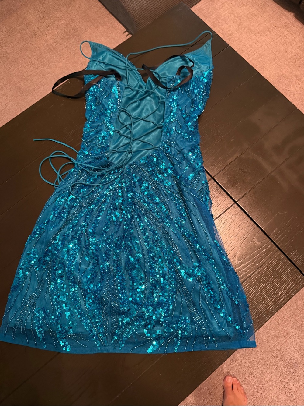 Girls Teal Sequin Party Dress with Lace-Up Back